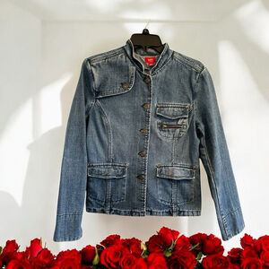 Mossimo Girls L Distressed Denim Button Jacket Blue Zipper Pocket Long Sleeves